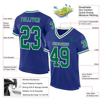 Personalized Royal Kelly Green-White Mesh Authentic Throwback Football Jersey Team Custom Name and Number