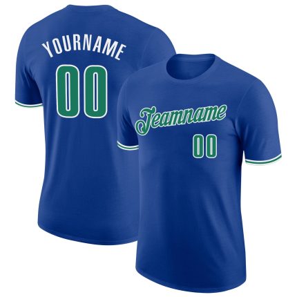 Personalized Royal Kelly Green-White Performance T-Shirt Team Custom Name and Number