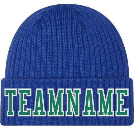 Personalized Royal Kelly Green-White Stitched Cuffed Knit Hat Team Custom Name and Number
