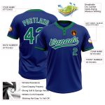 Custom royal, kelly green and white softball jersey, detail of the printed panel
