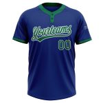 Custom royal, kelly green and white softball jersey, back view