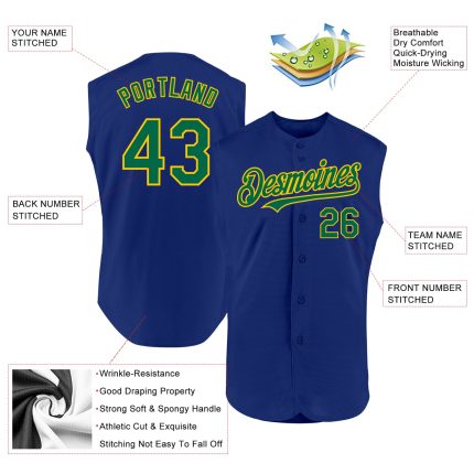 Personalized Royal Kelly Green-Yellow Authentic Sleeveless Baseball Jersey Team Custom Name and Number