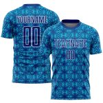 Personalized Royal Lakes Blue-White Geometric Shapes Sublimation Soccer Uniform Jersey Team Custom Name and Number
