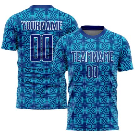Personalized Royal Lakes Blue-White Geometric Shapes Sublimation Soccer Uniform Jersey Team Custom Name and Number