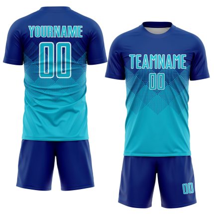 Custom royal, blue and white soccer jersey, back view