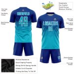 Custom royal, blue and white soccer jersey, detail of the printed panel