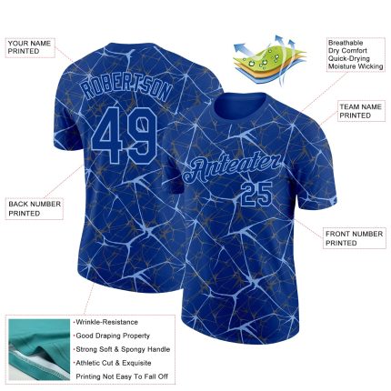 Personalized Royal Light Blue 3D Pattern Design Abstract Network Performance T-Shirt Team Custom Name and Number