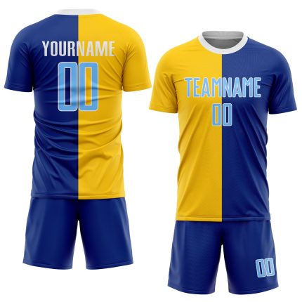Custom Name Number Soccer Jersey Light Blue Gold Sublimation Split Fashion Uniform Personalized Team Personalized Royal Light