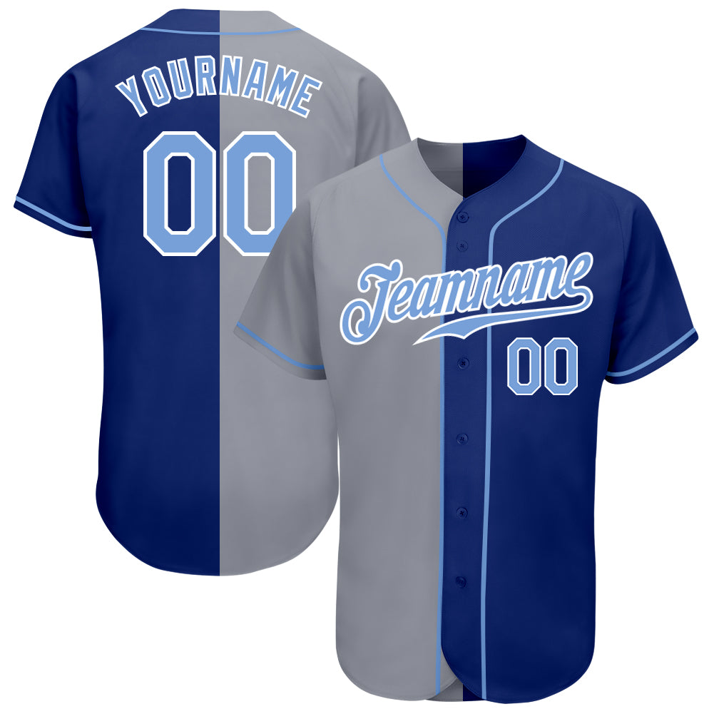 Custom Name and Number Light Blue Gray Authentic Split Fashion Baseball Jersey - Personalized Team Jersey Personalized Royal