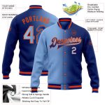 Custom Team Name Number Bomber Jacket Gradient Light Blue-Orange Full-Snap Varsity Fashion Coat Personalized Royal Light