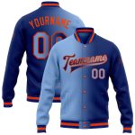 Custom Team Name Number Bomber Jacket Gradient Light Blue-Orange Full-Snap Varsity Fashion Coat Personalized Royal Light