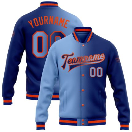 Custom Team Name Number Bomber Jacket Gradient Light Blue-Orange Full-Snap Varsity Fashion Coat Personalized Royal Light