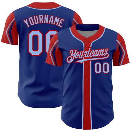 Custom Authentic Baseball Jersey - Personalized Royal Blue and Red - 3 Colors - Team Name and Number, Arm Shapes Personalized