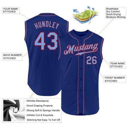 Custom Name and Number Authentic Baseball Jersey in Royal Light Blue-Red - Personalized Sleeveless Design Personalized Royal