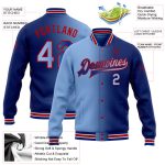 Custom Name and Number Bomber Jacket for Team - Light Blue Red Varsity Full-Snap Gradient Fashion Outerwear Personalized