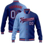 Custom Name and Number Bomber Jacket for Team - Light Blue Red Varsity Full-Snap Gradient Fashion Outerwear Personalized
