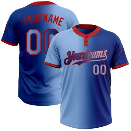 Custom Name Number Personalized Unisex Softball Jersey - Royal Light Blue Red Gradient Fashion Two-Button Design Personalized