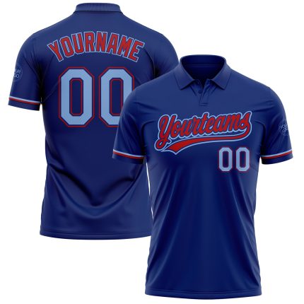 Custom Team Name Number Performance Vapor Golf Polo Shirt in Royal Light Blue-Red Personalized Royal Light Blue-Red Performance