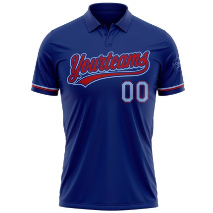 Custom Team Name Number Performance Vapor Golf Polo Shirt in Royal Light Blue-Red Personalized Royal Light Blue-Red Performance