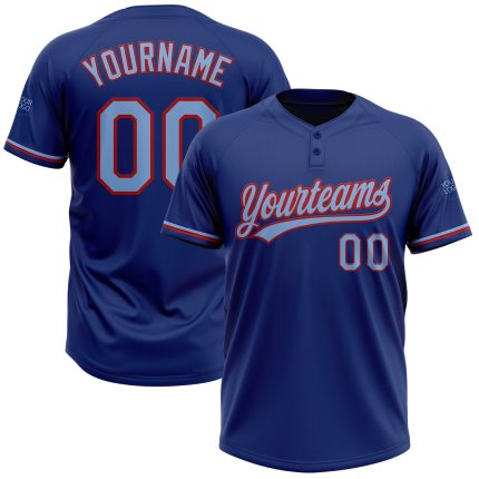 Personalized Custom Name and Number Unisex Softball Jersey, Light Blue-Red, Two-Button Design Personalized Royal Light Blue-Red