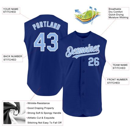 Custom Personalized Baseball Jersey with Name and Number, Authentic Sleeveless Design in Royal Light Blue-White Personalized