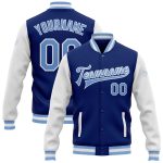 Custom Team Name and Number Light Blue White Bomber Varsity Letterman Jacket Personalized Full-Snap Two Tone Personalized
