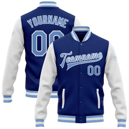 Custom Team Name and Number Light Blue White Bomber Varsity Letterman Jacket Personalized Full-Snap Two Tone Personalized