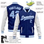 Custom Team Name and Number Light Blue White Bomber Varsity Letterman Jacket Personalized Full-Snap Two Tone Personalized
