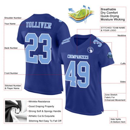 Custom Authentic Football Jersey with Personalized Name & Number - Royal Light Blue-White Mesh Personalized Royal Light Blue-White