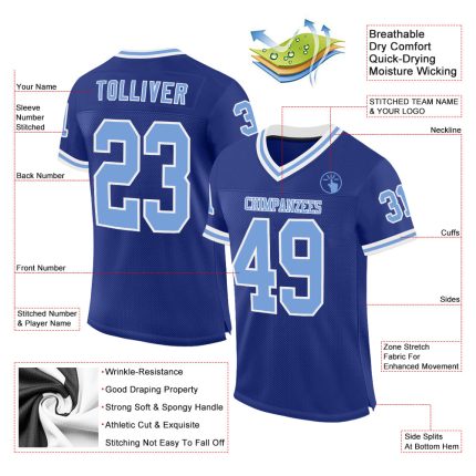 Custom Light Blue-White Throwback Football Jersey - Personalized Team Name & Number Authentic Mesh Jersey Personalized Royal