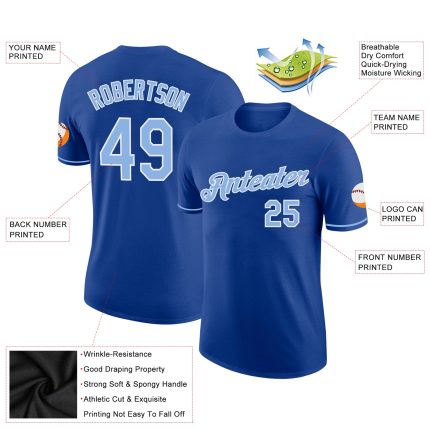 Custom Team Performance T-Shirt with Personalized Name and Number - Light Blue and White Personalized Royal Light Blue-White