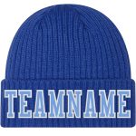 Custom Name and Number Personalized Royal Blue White Stitched Cuffed Knit Hat Personalized Royal Light Blue-White Stitched