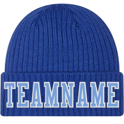 Custom Name and Number Personalized Royal Blue White Stitched Cuffed Knit Hat Personalized Royal Light Blue-White Stitched