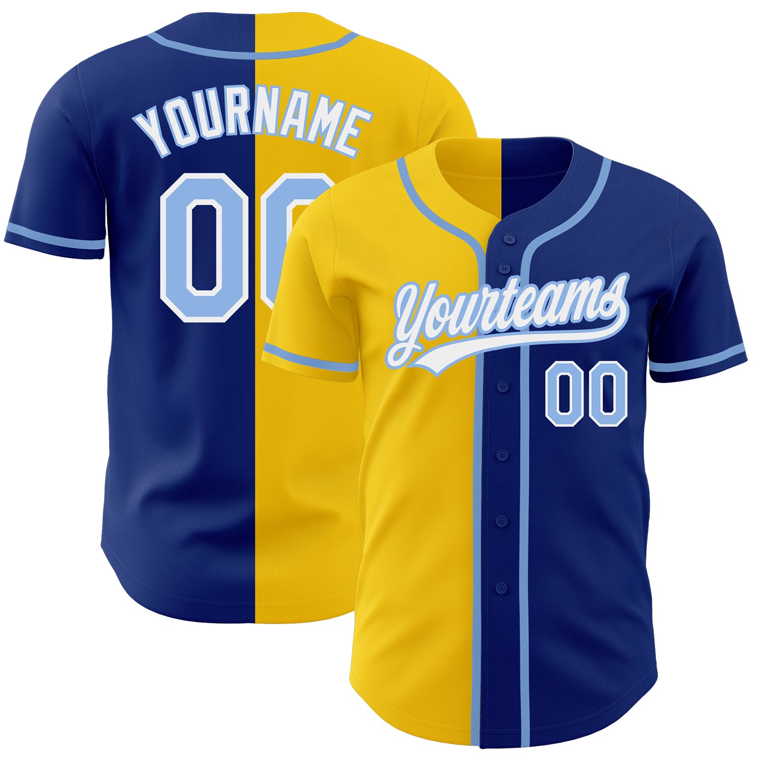 Personalized Light Blue Yellow Authentic Baseball Jersey - Royal Split Design Personalized Royal Light Blue-Yellow Authentic