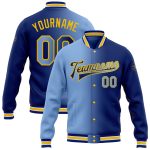 Custom Team Name Number Gradient Bomber Varsity Jacket Light Blue Yellow Full-Snap Fashion Jacket Personalized Royal Light