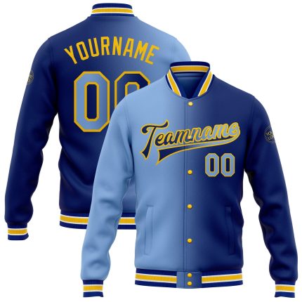 Custom Team Name Number Gradient Bomber Varsity Jacket Light Blue Yellow Full-Snap Fashion Jacket Personalized Royal Light