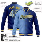 Custom Team Name Number Gradient Bomber Varsity Jacket Light Blue Yellow Full-Snap Fashion Jacket Personalized Royal Light