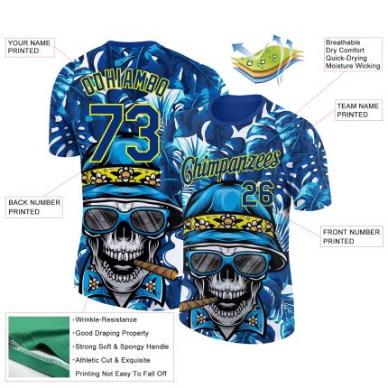Custom Name and Number Hawaii Style Skull Tropical Palm Leaves Performance T-Shirt - Personalized Light Yellow 3D Pattern Design