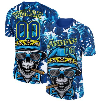 Custom Name and Number Hawaii Style Skull Tropical Palm Leaves Performance T-Shirt - Personalized Light Yellow 3D Pattern Design
