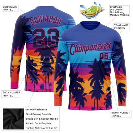 Custom Name and Number 3D Pattern Long Sleeve Performance T-Shirt - Personalized Royal Navy-Pink Hawaii Palm Trees Design