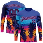 Custom Name and Number 3D Pattern Long Sleeve Performance T-Shirt - Personalized Royal Navy-Pink Hawaii Palm Trees Design