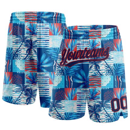 Personalized 3D Pattern Basketball Shorts with Team Name & Number - Royal Navy & Light Blue Hawaii Palm Trees Design Personalized