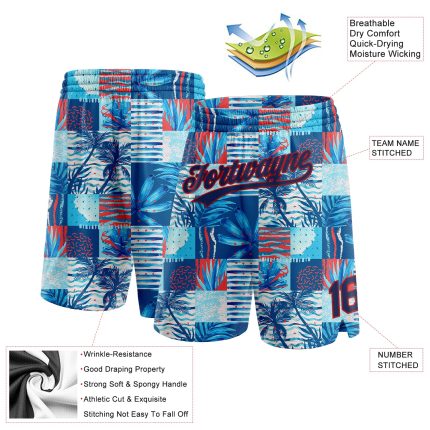Personalized 3D Pattern Basketball Shorts with Team Name & Number - Royal Navy & Light Blue Hawaii Palm Trees Design Personalized