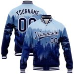 Personalized 3D Fog Pine Forest Varsity Letterman Jacket Custom Name & Number - Royal Navy/White Bomber Style Personalized