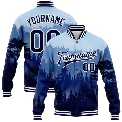 Personalized 3D Fog Pine Forest Varsity Letterman Jacket Custom Name & Number - Royal Navy/White Bomber Style Personalized