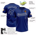 Custom royal, navy and white softball jersey, detail of the printed panel