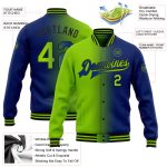 Custom neon green and black gradient fade varsity letterman jacket, detail of the printed panel