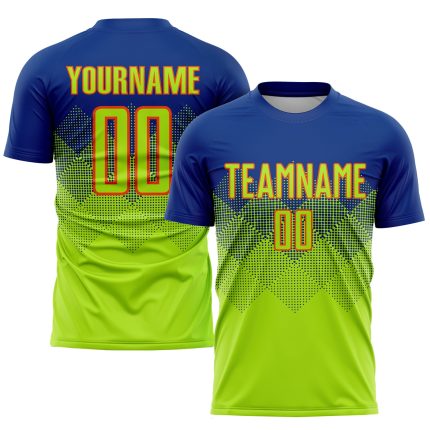 Custom neon green, orange and royal soccer jersey