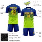 Custom neon green, orange and royal soccer jersey, detail of the printed panel