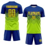 Custom neon green, orange and royal soccer jersey, back view
